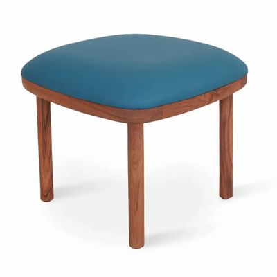 Ottomans - Pall - Teakwood Footstool with Blue Leatherette - ALANKARAM