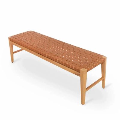 Bancs - Banc Paski en bois massif avec sangles en similicuir beige - ALANKARAM