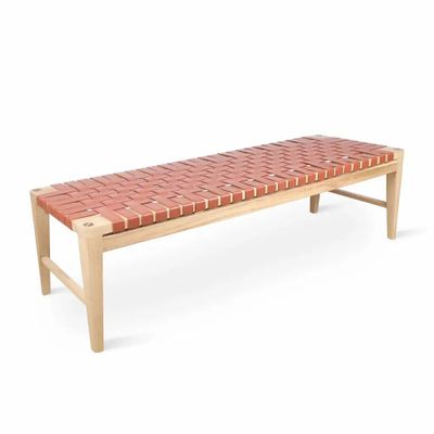 Bancs - Banc Paski en bois massif avec sangles en similicuir beige - ALANKARAM