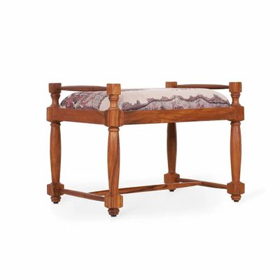 Benches - Penkki - Teakwood Bench with Off White Printed Fabric - ALANKARAM