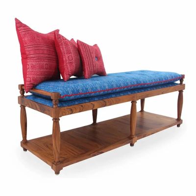 Bancs - Banc Penkki en teck avec tissu imprimé bleu - ALANKARAM