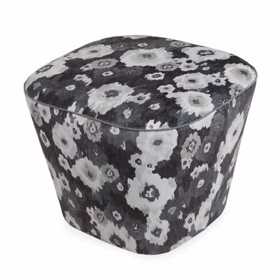 Ottomans - Pouffe - Square Pyramid Shaped Ottoman with Smoky Grey Printed Fabric - ALANKARAM