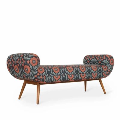 Sofas - Santai Printed Fabric Teakwood Bench - ALANKARAM
