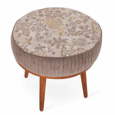 Poufs - Zoya - Pouf rond en teck avec tissu Dust Palette - ALANKARAM