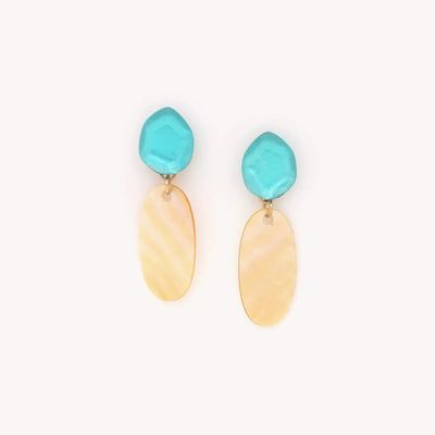 Bijoux - Grandes boucles d'oreilles poussoir lagon & nacre dorée - Izmir - NATURE BIJOUX