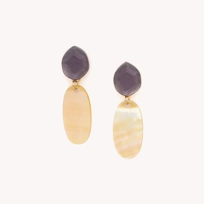 Bijoux - Grandes boucles d'oreilles poussoir améthyste & nacre dorée - Izmir - NATURE BIJOUX