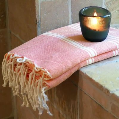 Serviettes de bain - FOUTA EN COTON BIOLOGIQUE - COLLECTION HAMMAM - Couleur BLANC & CORAIL - KARAWAN AUTHENTIC