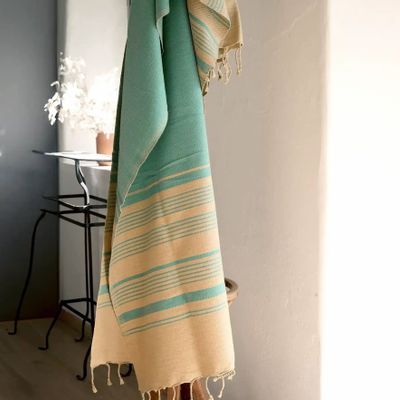 Serviettes de bain - FOUTA EN COTON BIOLOGIQUE - Collection SAND- Couleur SABLE & BLEU ALIZE - KARAWAN AUTHENTIC