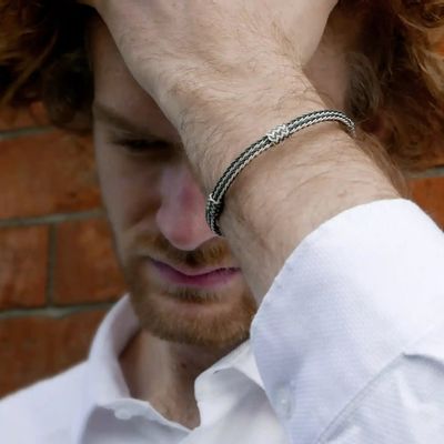Bracelets - BRACELET DOUBLE TRESSE FINE + 3 NOEUDS COULANTS - ARGENT ET ARGENT OXYDÉ - FAIT MAIN - HOMME&FEMME - KARAWAN AUTHENTIC