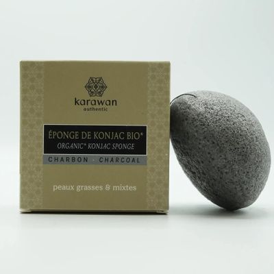 Cosmétiques - EPONGE DE KONJAC BIOLOGIQUE - AU CHARBON DE BAMBOU - EN BOÎTE - KARAWAN AUTHENTIC