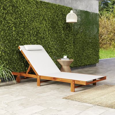 Deck chairs - Exotic style wooden sun lounger with 2 wheels - reclining, headrest - white textilene - AOSOM BUSINESS