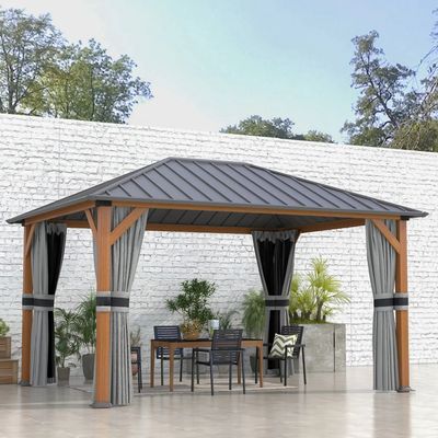 Pergolas - Pavillon de jardin structure alu aspect bois toit rigide métal rideaux moustiquaires - AOSOM BUSINESS