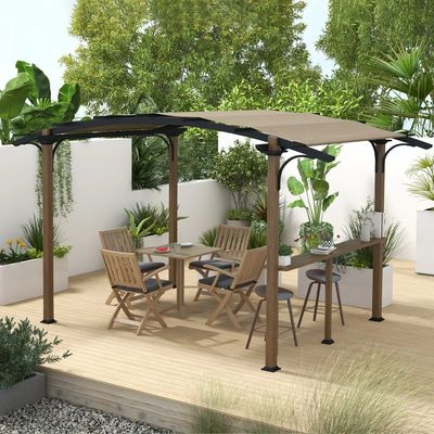 Pergolas - Pergola avec comptoir toit arche alu acier aspect bois noir toile grège - AOSOM BUSINESS