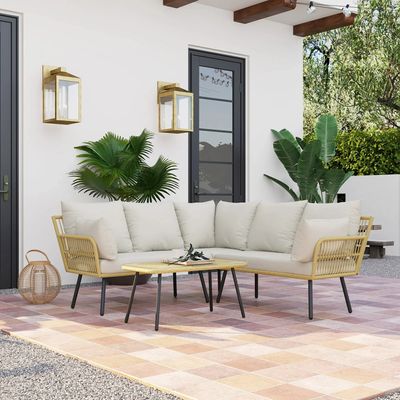 Lawn sofas - 5-seater corner garden furniture set in bohemian chic style, woven resin - AOSOM BUSINESS