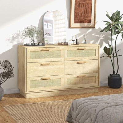 Chests of drawers - Bohemian chic style 6-drawer chest of drawers with rattan and natural light wood effect - AOSOM BUSINESS
