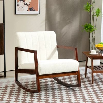 Armchairs - Rocking lounge chair in rubberwood with cream curly wool effect - AOSOM BUSINESS