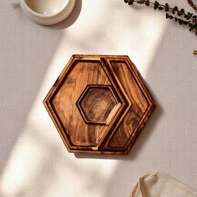 Platter and bowls - Cater Snack Tray – Handmade Sheesham Wood Tray with Four Containers - MAISON ZOE