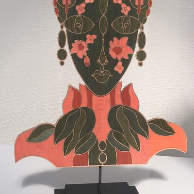 Sculptures, statuettes and miniatures - Mask-sculpture in wood and copper marquetry — Frondaison - ATELIER NATHALIE MELON
