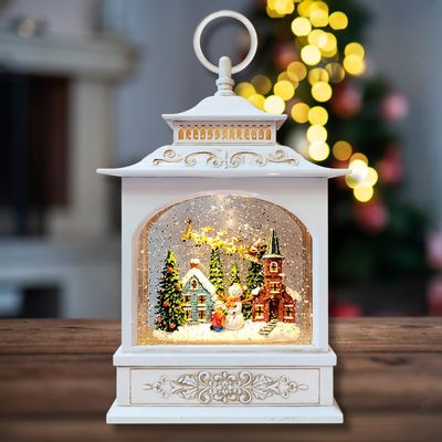 Other Christmas decorations - White Antique LED Snow Globe Lantern – Santa’s Village - BLUE STAR B.V.