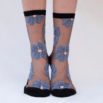 Cadeaux - Murano Bleue 36-38 : chaussettes transparentes à fleurs - ATELIER ST EUSTACHE
