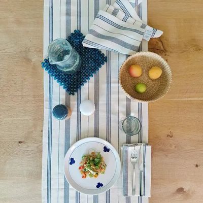 Nappes - Chemin de table en coton tissé à la main | Tsiame beige à rayures bleu - SOLOKO