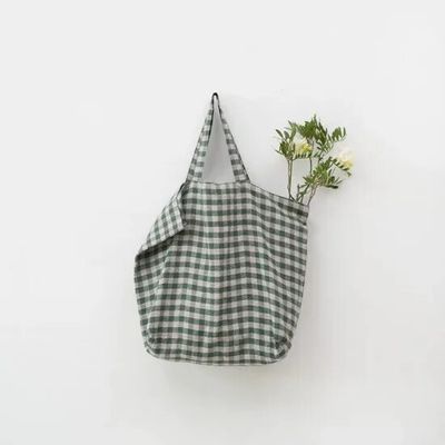 Sacs et cabas - Grand sac en lin vichy vert forêt - LINEN TALES