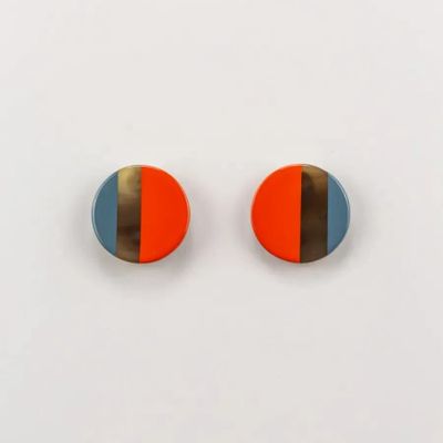 Bijoux - Boucles d'oreilles clip disque laqué bicolore bleu indigo et café crème - L INDOCHINEUR X RIVÊT