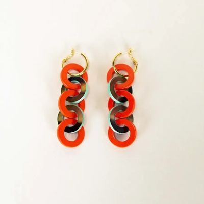 Bijoux - Boucles d'oreilles 5 anneaux laqués orange vert - L INDOCHINEUR X RIVÊT