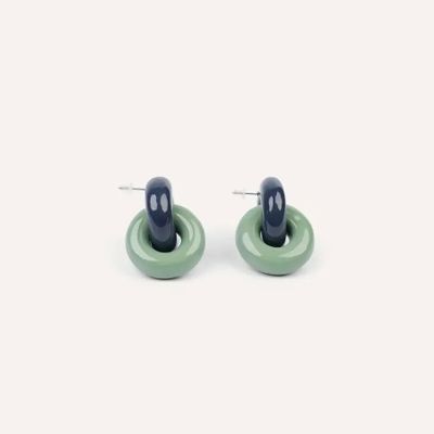 Jewelry - Double round wooden stud earrings, light blue, dark blue and orange lacquer - L INDOCHINEUR X RIVÊT