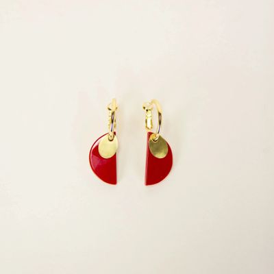 Bijoux - Boucles d'oreilles créoles 2 parties laiton et corne laquée rouge - L INDOCHINEUR X RIVÊT