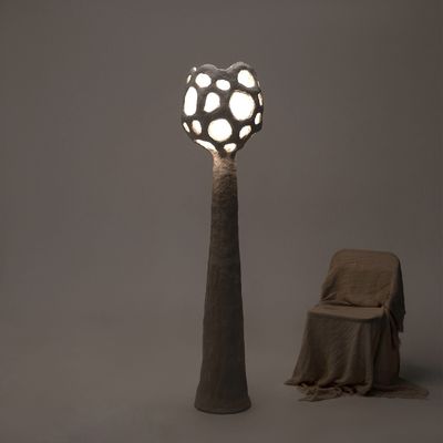 Floor lamps - Buton Sculptural Floor Lamp – Biocomposite Base & Linen Shade - PLETOSTUDIO