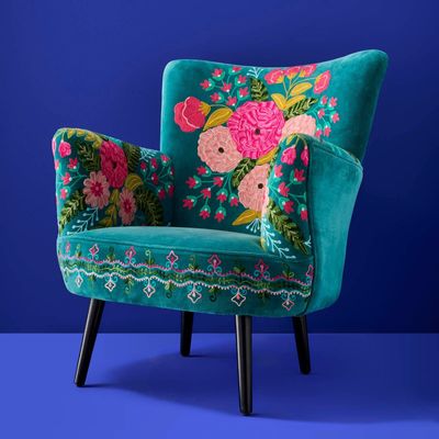 Fauteuils - Fauteuil en Velours avec Motif Floral Frida, Turquoise - WERNS