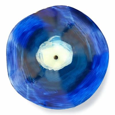 Floral decoration - Extra large round glass flower for outdoor use in swirling d.blue-white colours with 1 meter stainless steel stem - CARNEOL GLASS