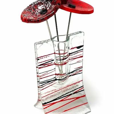 Vases - Vase à rayures rouge-noir et avec 3 petites fleurs - CARNEOL GLASS