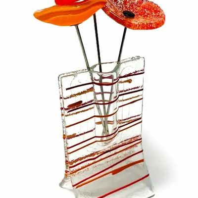 Vases - Small transparent vase with red-orange stripes with flowers - CARNEOL GLASS