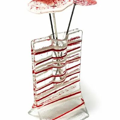 Vases - Petit vase transparent 8x13 cm à rayures rouges et blanches et avec 3 petites fleurs - CARNEOL GLASS