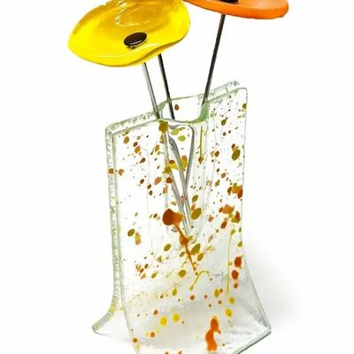 Vases - Petit vase transparent tacheté jaune-orange 8x13 cm avec 3 petites fleurs - CARNEOL GLASS