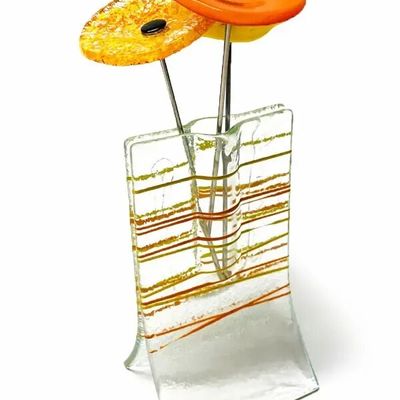 Vases - Small transparent 8x13 cm vase with orange-yellow stripes and with 3 small flowers - CARNEOL GLASS