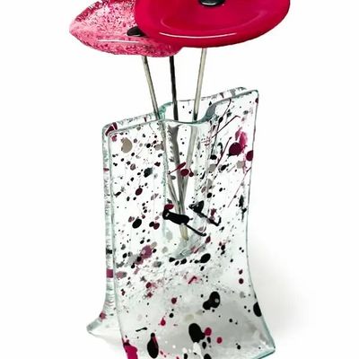 Vases - Small transparent 8x13 cm fuscia-white-black spotty vase with 3 small flowers - CARNEOL GLASS