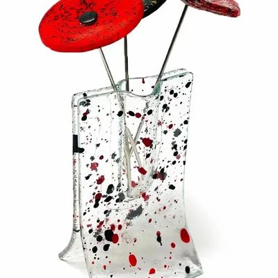 Vases - Red-black spotty vase with 3 small flowers - CARNEOL GLASS