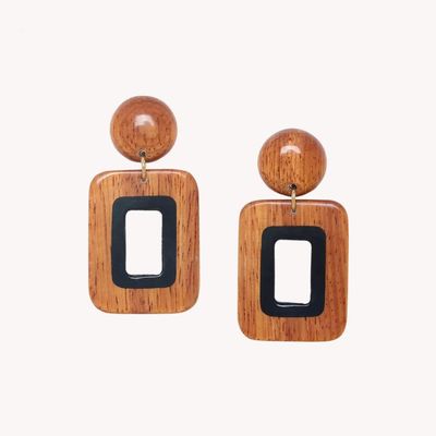 Bijoux - Boucles d'oreilles poussoir pendant rectangulaire en bois de bayong - Cannelle - NATURE BIJOUX