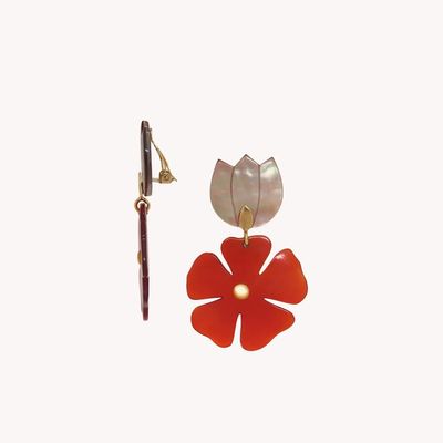 Bijoux - Boucles d'oreilles clips top nacre et fleur rouge - Son Jardin - NATURE BIJOUX
