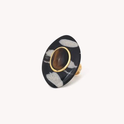 Bijoux - Bague ajustable corne noire ovale - Zebra - NATURE BIJOUX