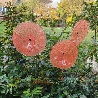 Floral decoration - Large size glass flower for outdoor use in transparent, orange, red colour with 1 meter stainless steel stem - CARNEOL GLASS