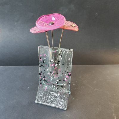 Vases - Petit vase transparent 8x13 cm fuchsia-blanc-noir à pois avec 3 petites fleurs - CARNEOL GLASS