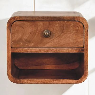 Night tables - Artisan Furniture Solid Wood Mini Honey Caramel Wall Mounted Nightstand with Open Slot, 1 Drawer, Brown - ARTISAN FURNITURE