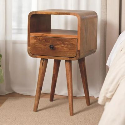 Night tables - Artisan Furniture Solid Wood Mini Oak-ish Curve Open Nightstand, 1 Drawer and Open Slot, Beige - ARTISAN FURNITURE