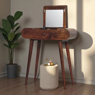 Autres tables  - Artisan Furniture en bois massif Mini Rond Commodenut coiffeuse pliante, 4 Rangement Compartments avec Miroir, Marron Foncé - ARTISAN FURNITURE