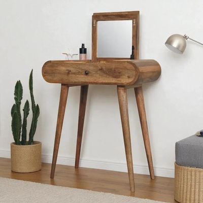 Autres tables  - Artisan Furniture en bois massif Mini Rond Dressing Table, 1 Tiroir avec Rangement Compartments, Pieds nordiques, Chêne clair, Marron - ARTISAN FURNITURE