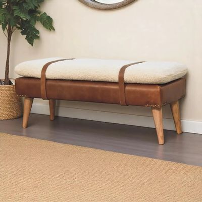 Benches - Artisan Furniture Solid Wood Upholstered Bouclé Buffalo Hide Leather Bench, Beige - ARTISAN FURNITURE
